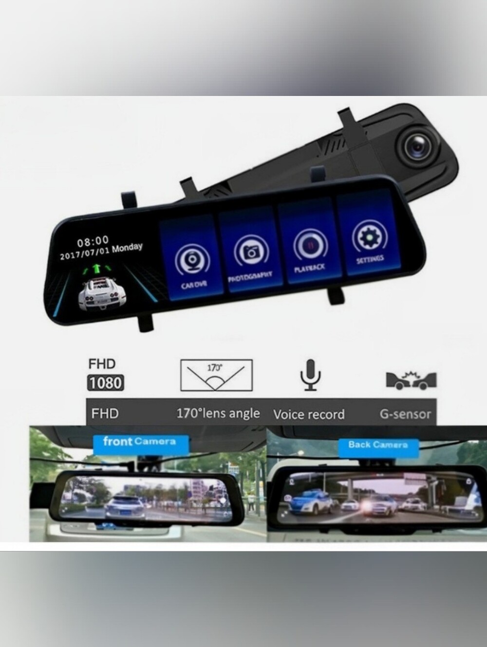 10inch Car Night Camera Stream Media Mirror Touch Screen Dash Video Recorder